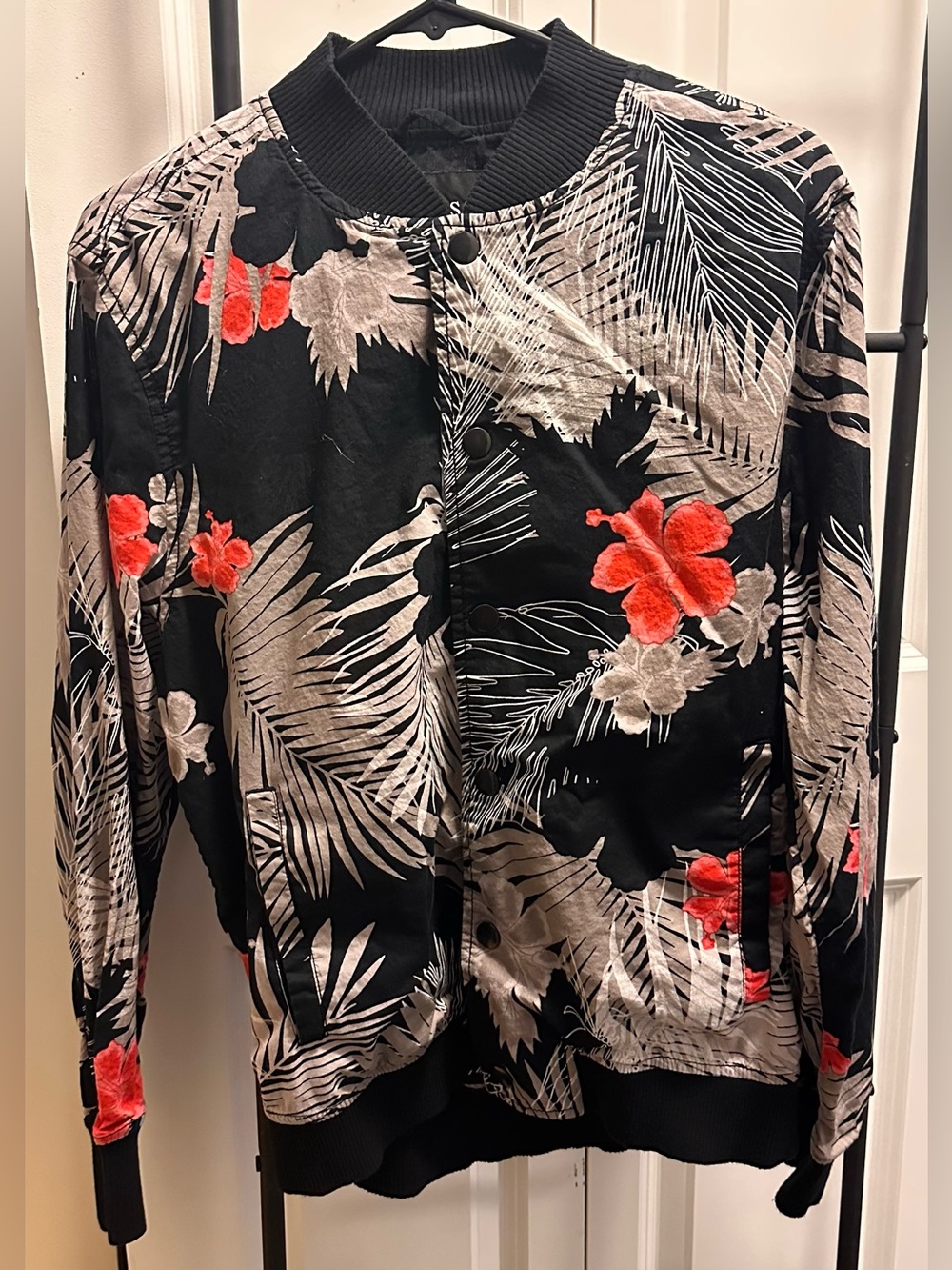 Black Floral Bomber Jacket with Red Accent